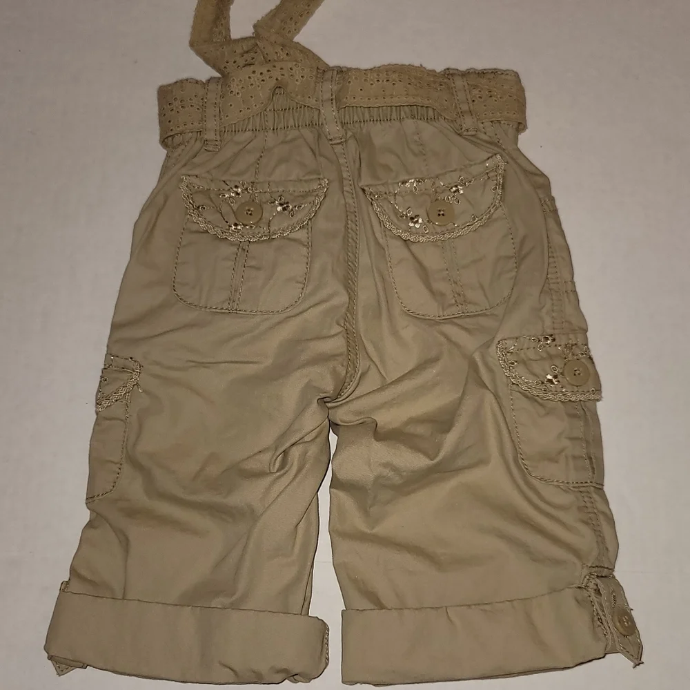 Child's Place Tan rolled cuff pants slacks decorative floral pockets with belt